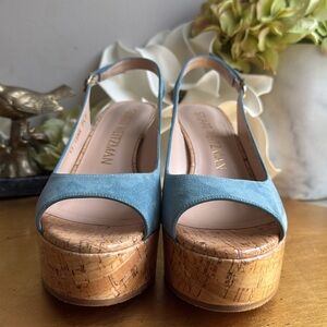 Stuart Weitzman Platform Gloss Cork Wedges in Blue Suede